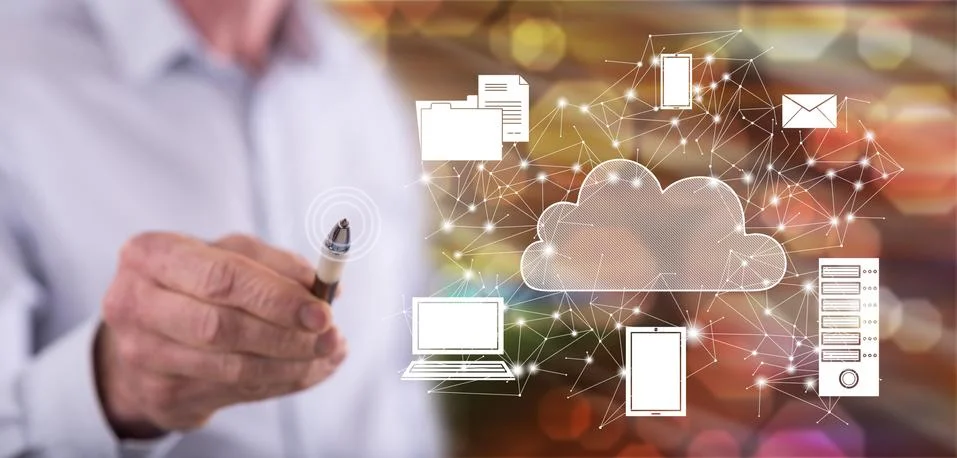 Man touching a cloud computing concept 스톡 사진