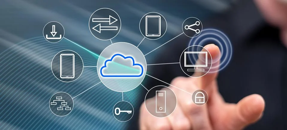 Man touching a cloud computing concept Stock Photos
