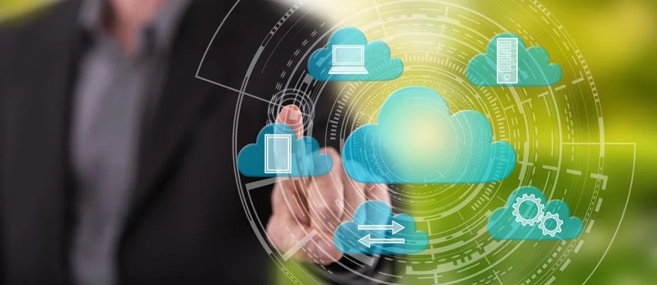 Man touching a cloud computing concept 스톡 사진