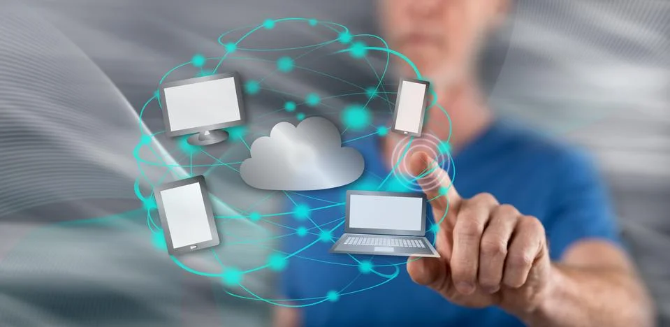 Man touching a cloud computing concept 스톡 사진
