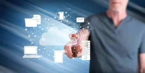 Man touching a cloud computing concept Stock Photos