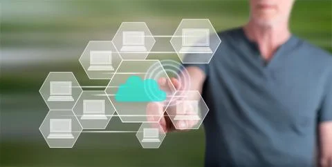 Man touching a cloud computing concept Stock Photos