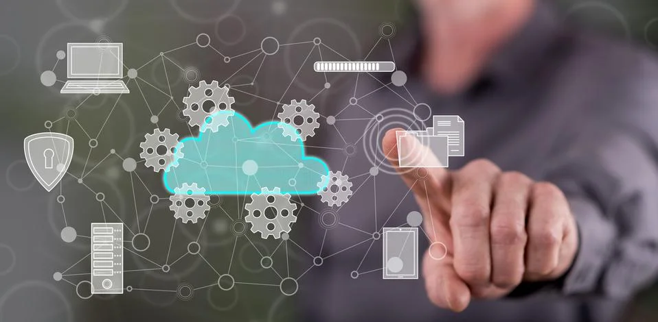 Man touching a cloud computing concept Stock Photos