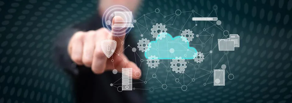 Man touching a cloud computing concept Stock Photos