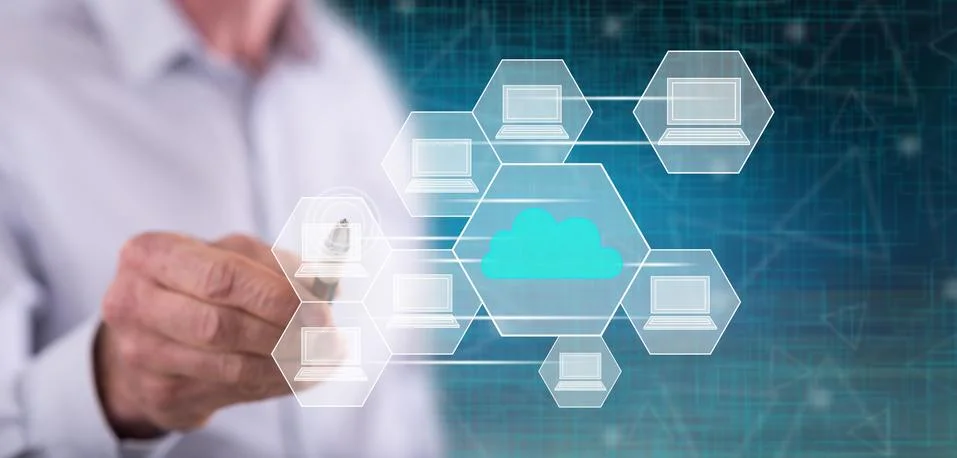 Man touching a cloud computing concept Stock Photos