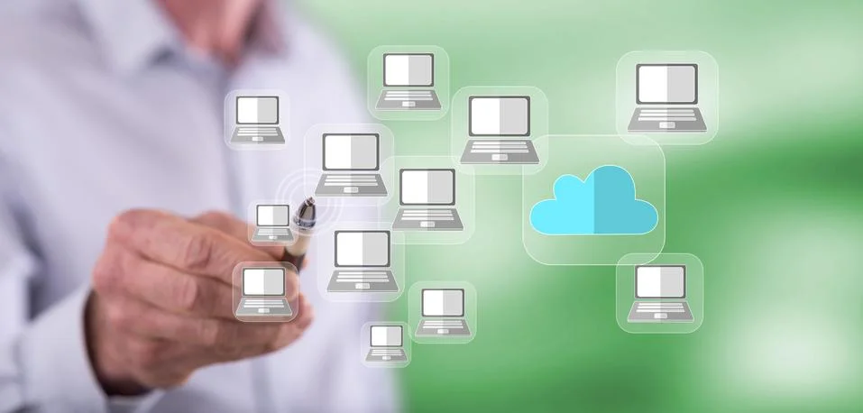 Man touching a cloud computing concept Stockfoto's