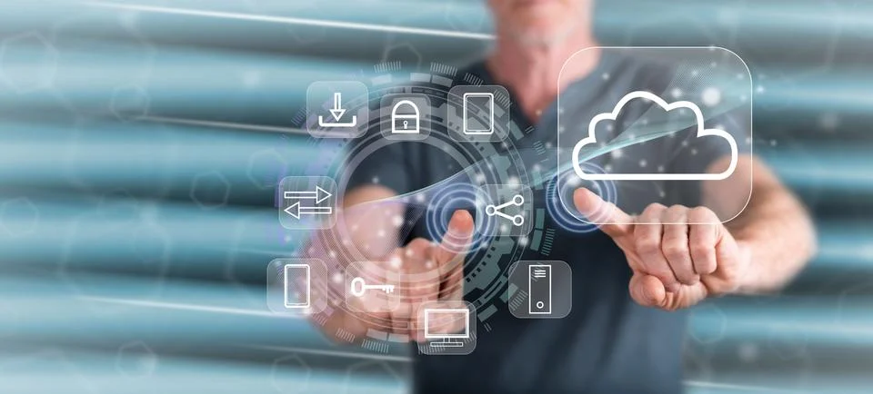 Man touching a cloud computing concept Foto stock