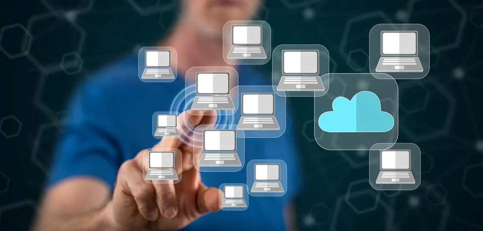 Man touching a cloud computing concept 스톡 사진