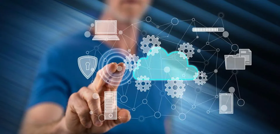 Man touching a cloud computing concept Foto stock