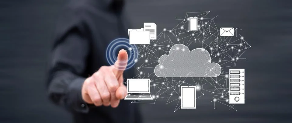 Man touching a cloud computing concept Stock-Fotos