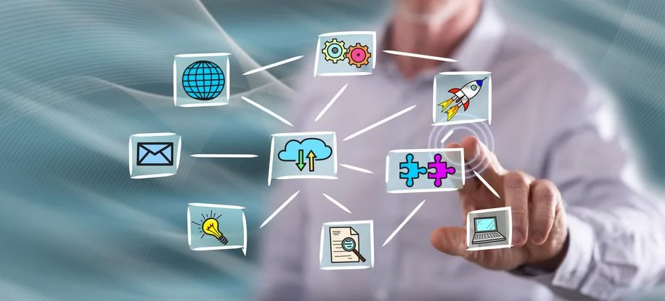 Man touching a cloud computing concept Foto stock