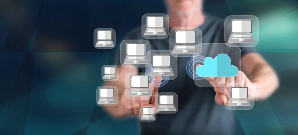 Man touching a cloud computing concept 스톡 사진