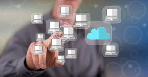 Man touching a cloud computing concept Stock Photos