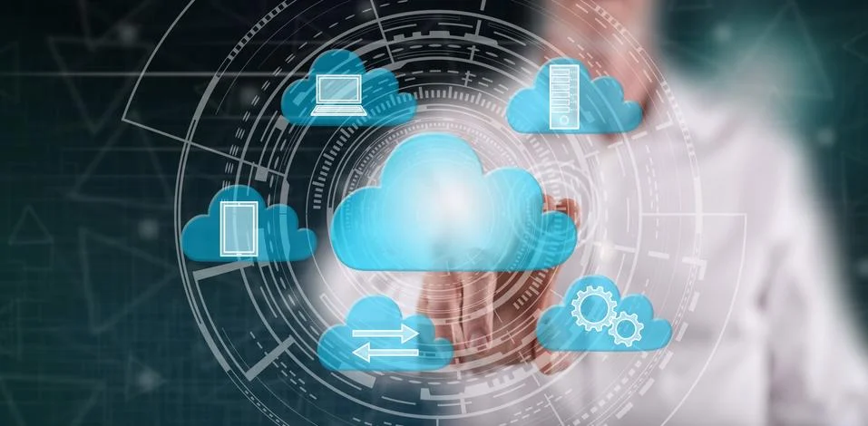 Man touching a cloud computing concept 스톡 사진