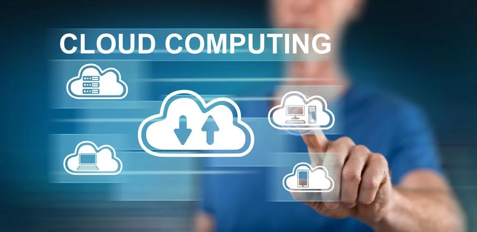 Man touching a cloud computing concept Stock Photos