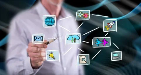 Man touching a cloud computing concept 스톡 사진