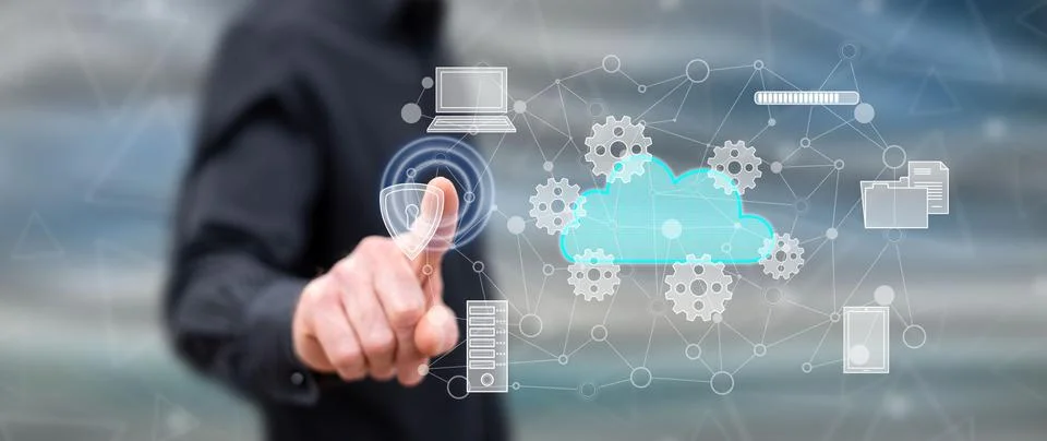 Man touching a cloud computing concept Stock Photos