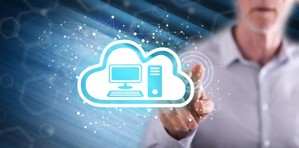 Man touching a cloud computing concept 스톡 사진