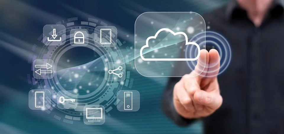 Man touching a cloud computing concept Stock Photos