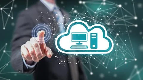 Man touching a cloud computing concept 스톡 사진