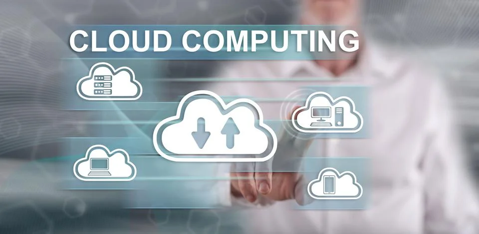 Man touching a cloud computing concept 스톡 사진