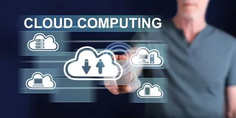 Man touching a cloud computing concept Stock Photos