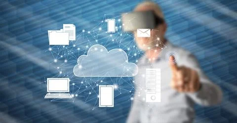 Man touching a cloud computing concept 스톡 사진