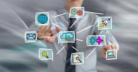 Man touching a cloud computing concept Stock Photos