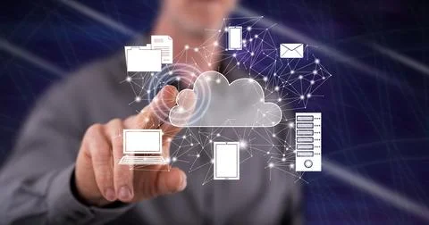 Man touching a cloud computing concept Stockfoto's