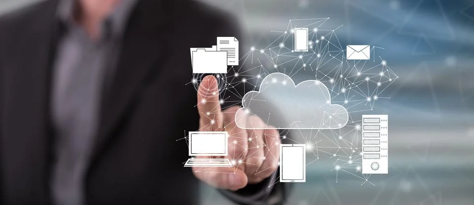 Man touching a cloud computing concept Stock Photos