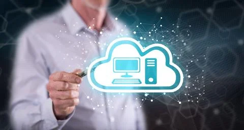 Man touching a cloud computing concept Stock Photos