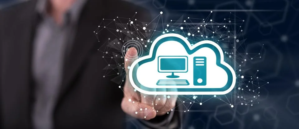 Man touching a cloud computing concept Stock-Fotos