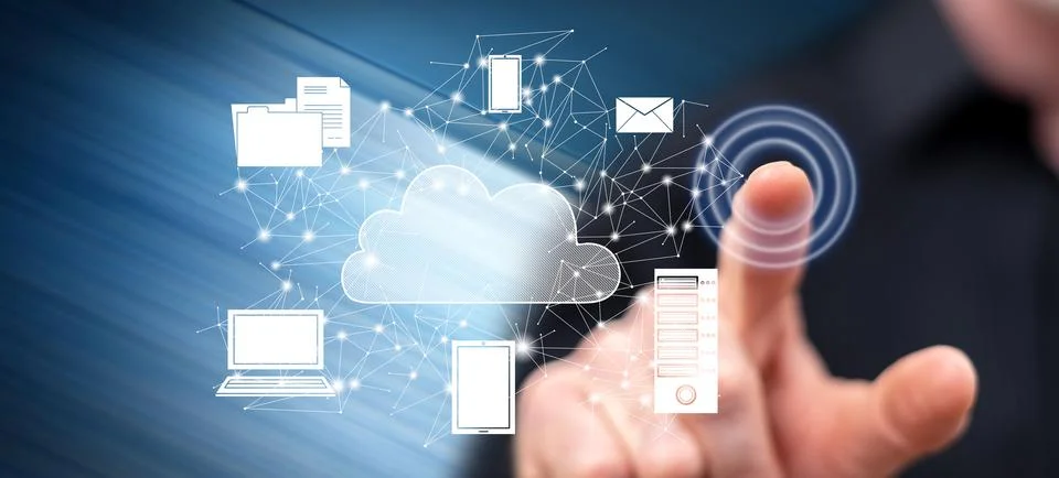 Man touching a cloud computing concept Stock Photos