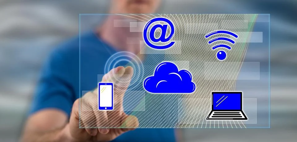 Man touching a cloud computing concept Fotos Stock