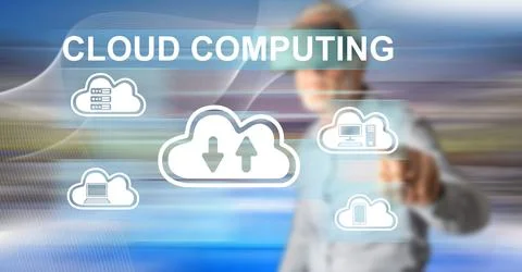 Man touching a cloud computing concept Stockfoto's