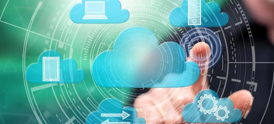 Man touching a cloud computing concept Stock Photos