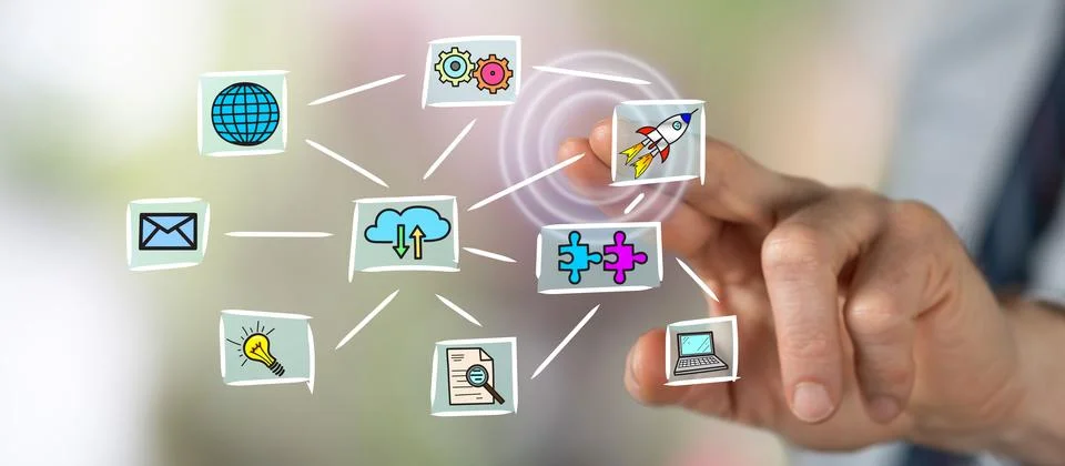 Man touching a cloud computing concept Stock Photos