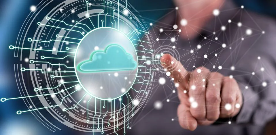 Man touching a cloud computing system concept Stock Photos