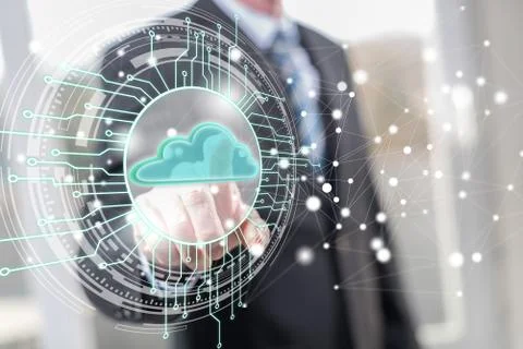 Man touching a cloud computing system concept Foto stock