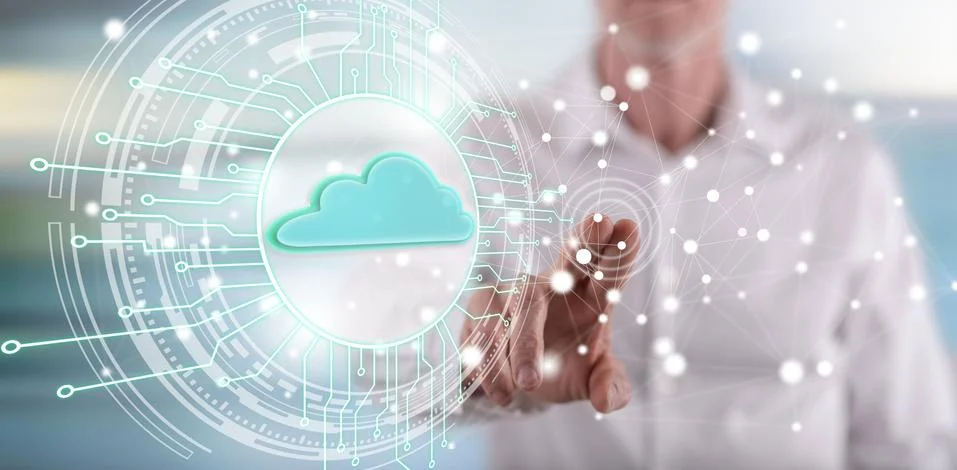 Man touching a cloud computing system concept Stock Photos