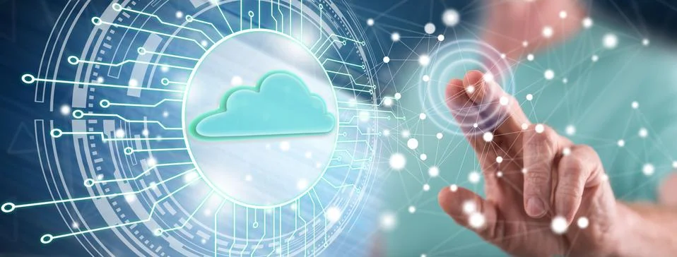 Man touching a cloud computing system concept Stock Photos