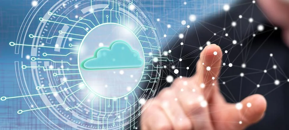 Man touching a cloud computing system concept Foto stock