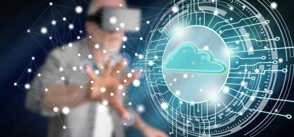 Man touching a cloud computing system concept 스톡 사진