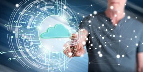 Man touching a cloud computing system concept Stock Photos