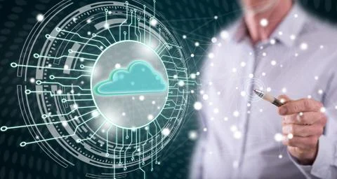 Man touching a cloud computing system concept 写真素材