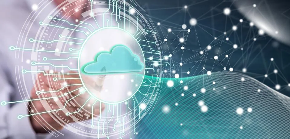 Man touching a cloud computing system concept Foto stock