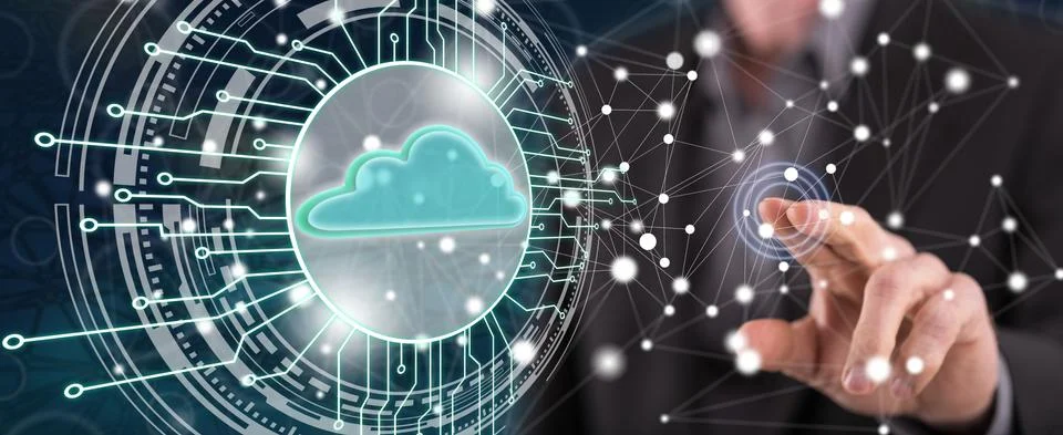 Man touching a cloud computing system concept Foto stock