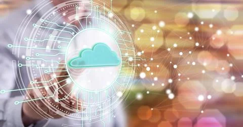 Man touching a cloud computing system concept 写真素材