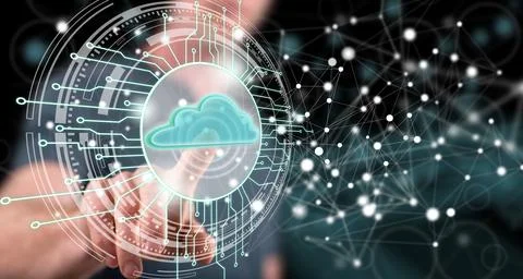 Man touching a cloud computing system concept Foto stock