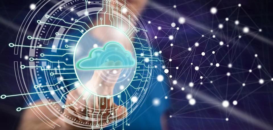 Man touching a cloud computing system concept Foto stock